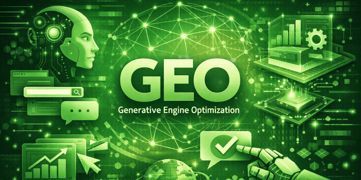 Imagem feita por IA em tons de verde, com ações de uma G.E.O